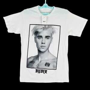 Classic White T-shirt Women's Justin Bieber Graphic Size Medium Cotton NWT